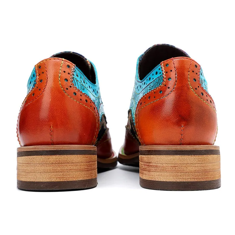 Women Fashion Brogue Oxfords With Printing Lace-up Shoes in Blue