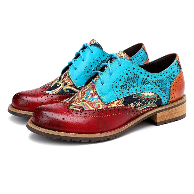 Women Fashion Brogue Oxfords With Printing Lace-up Shoes in Blue