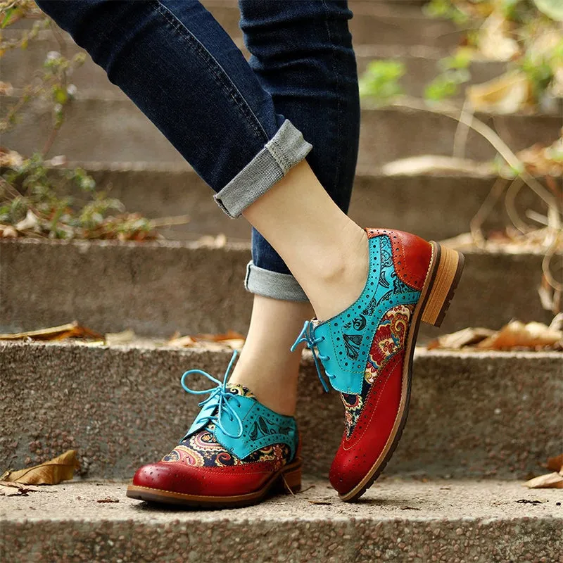 Women Fashion Brogue Oxfords With Printing Lace-up Shoes in Blue