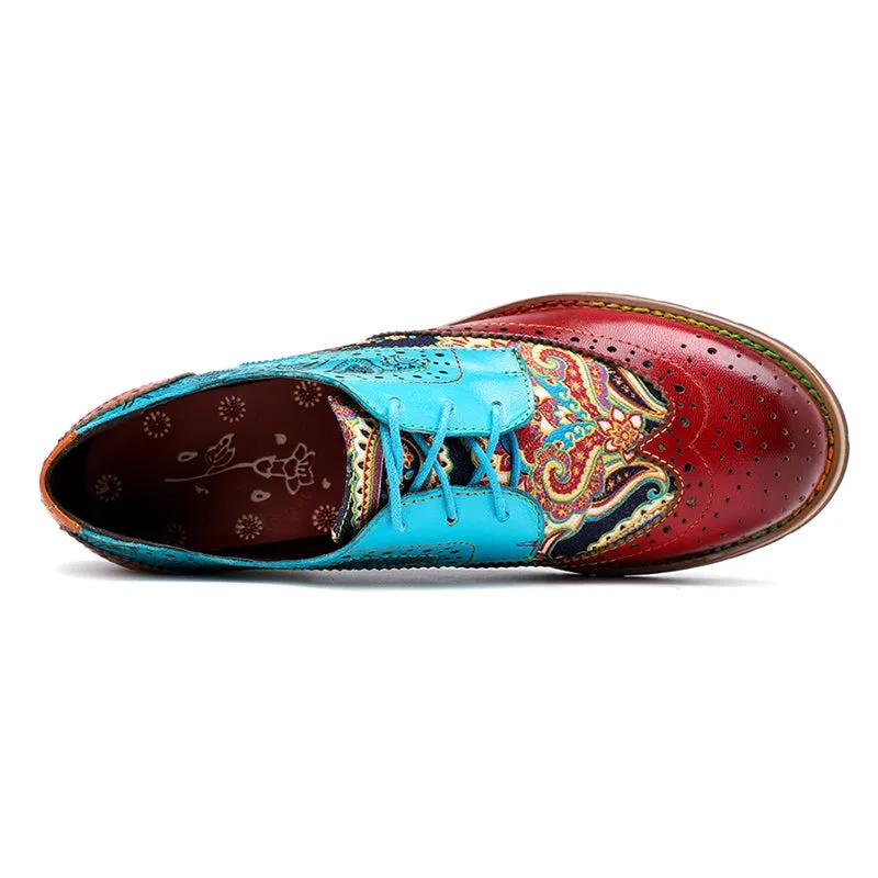 Women Fashion Brogue Oxfords With Printing Lace-up Shoes in Blue