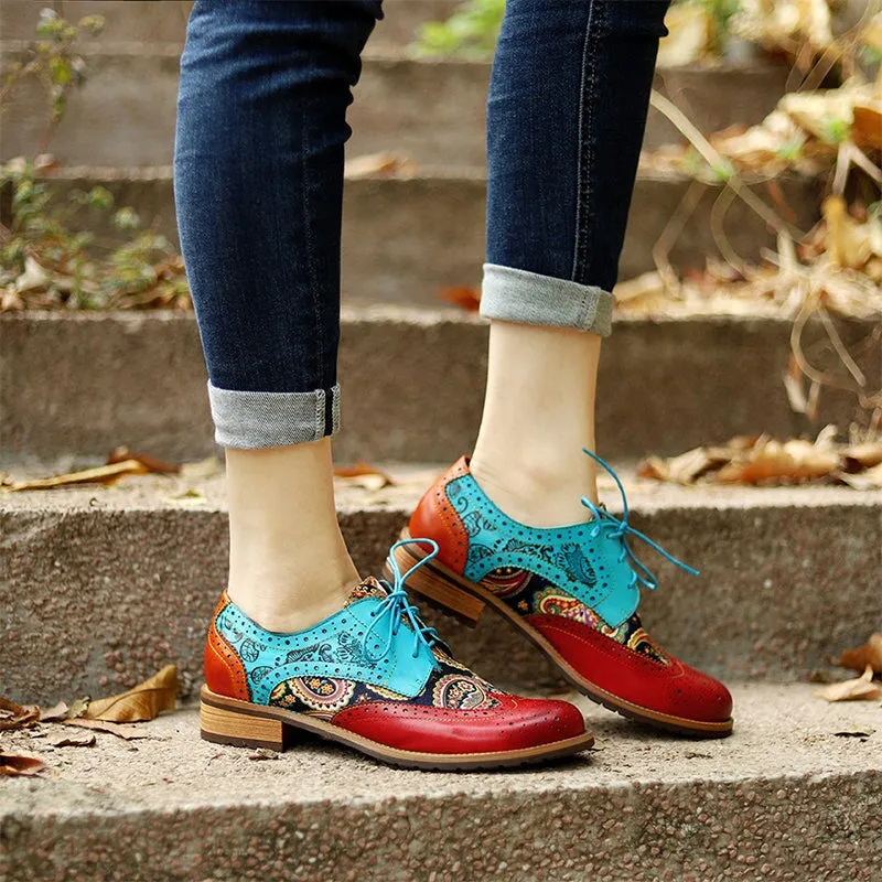 Women Fashion Brogue Oxfords With Printing Lace-up Shoes in Blue