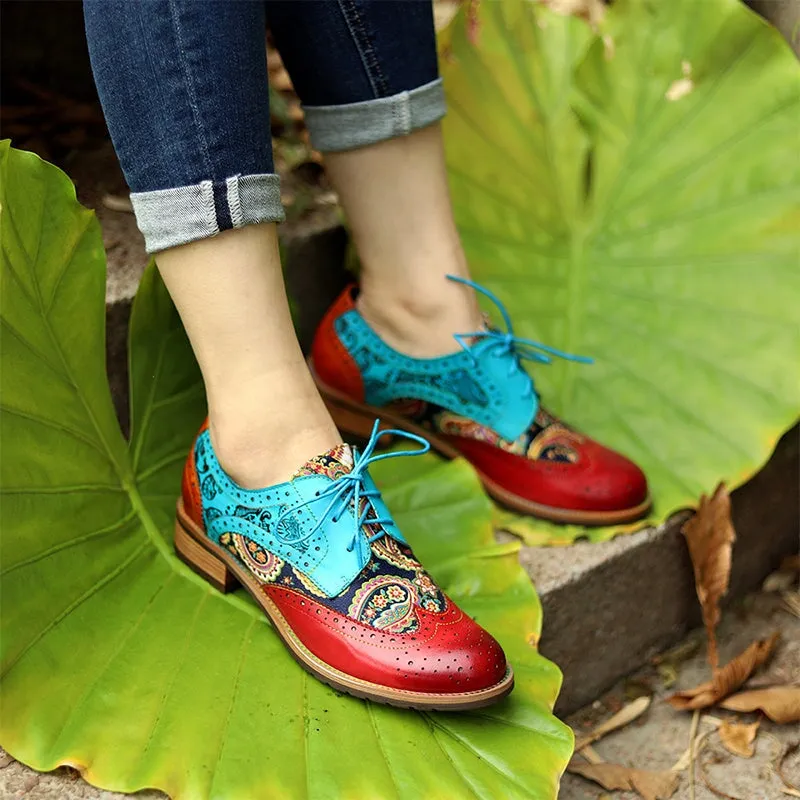 Women Fashion Brogue Oxfords With Printing Lace-up Shoes in Blue