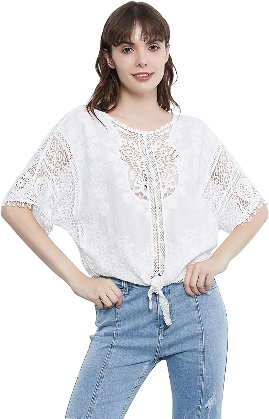 Women White Casual Lace Crochet Blouse Half Sleeve Tie Knot T-Shirt Blouses Tops Floral Printed Tops