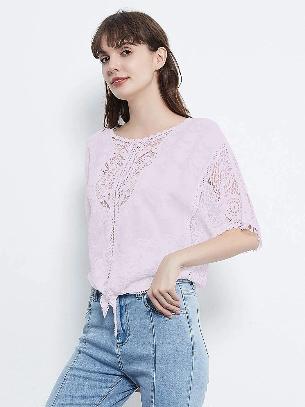 Women White Casual Lace Crochet Blouse Half Sleeve Tie Knot T-Shirt Blouses Tops Floral Printed Tops