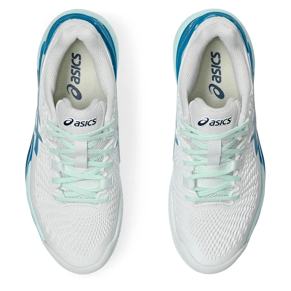 Womens Gel-Resolution 9 Clay Tennis Shoes White and Teal Blue