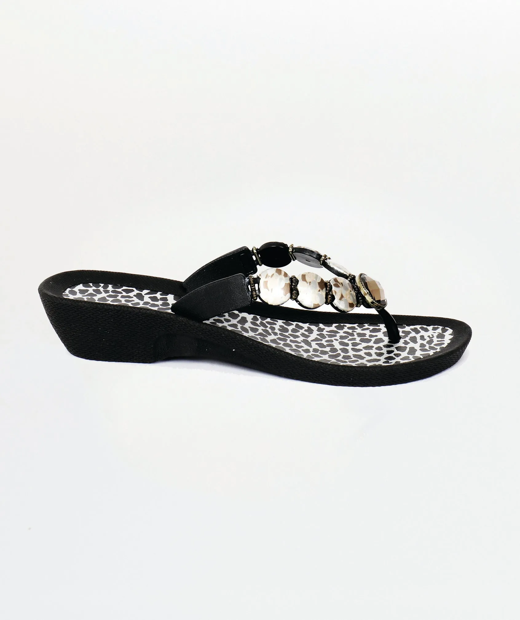 Women`s Wedge Heel Embellished Sandals - Black